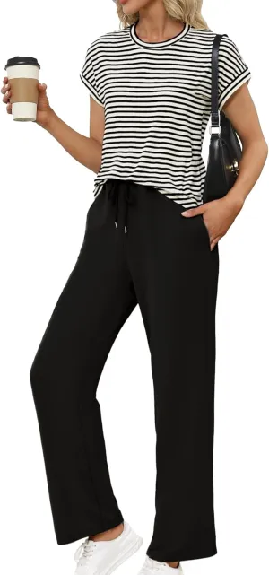 Glamaker Women's 2 Piece Sets Striped Summer Outfits Short Sleeve Shirts Wide Leg Pants Casual Lounge Sweatsuits