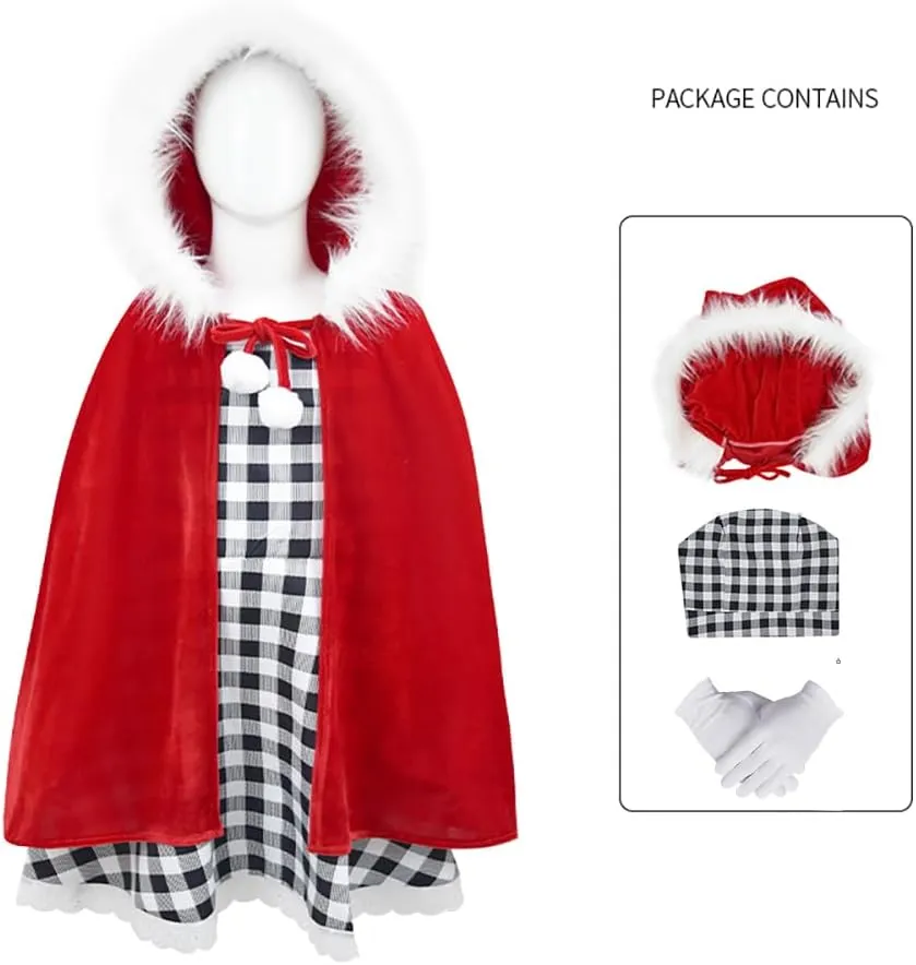 GOLDSTITCH Womens Christmas Costume Santa Dress Outfits with Cloak Plaid Dress Xmas Party Birthday Dress Up