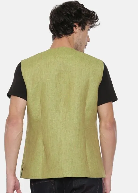Green Linen Embroidered Short Open Jacket - MMSOJ008