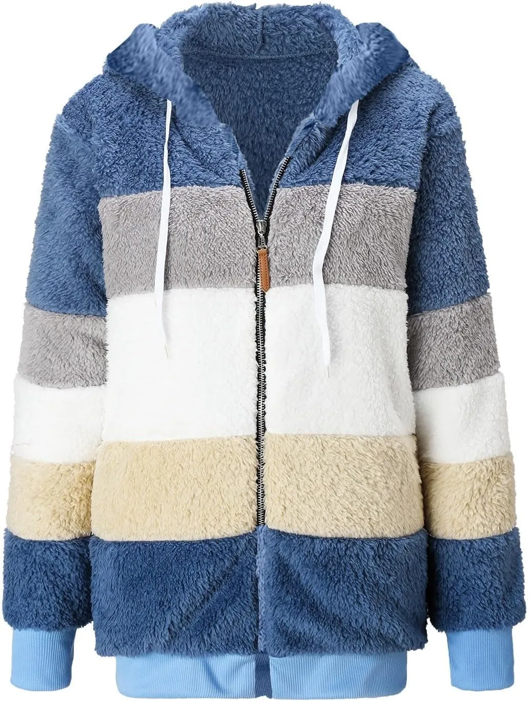 Gumipy Fleece Jacket Women Plus Size Hooded Sherpa Jacket Coat Fuzzy Color Block Patchwork Zip Up Jackets Hoodie with Pockets