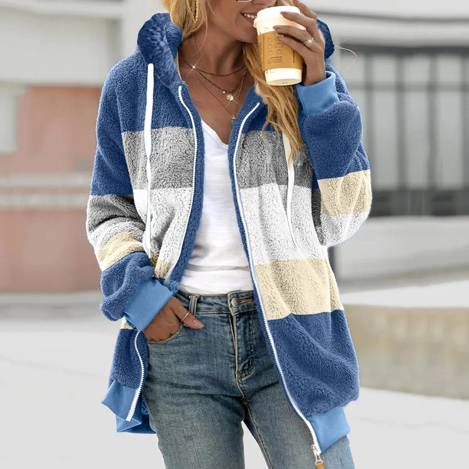 Gumipy Fleece Jacket Women Plus Size Hooded Sherpa Jacket Coat Fuzzy Color Block Patchwork Zip Up Jackets Hoodie with Pockets