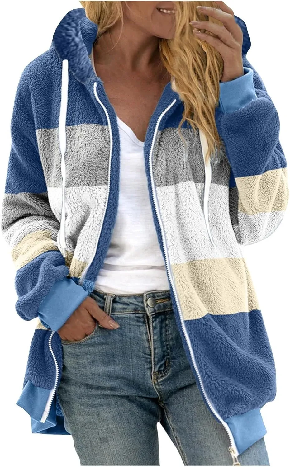 Gumipy Fleece Jacket Women Plus Size Hooded Sherpa Jacket Coat Fuzzy Color Block Patchwork Zip Up Jackets Hoodie with Pockets