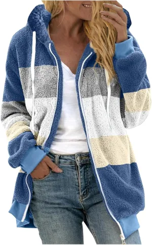 Gumipy Fleece Jacket Women Plus Size Hooded Sherpa Jacket Coat Fuzzy Color Block Patchwork Zip Up Jackets Hoodie with Pockets