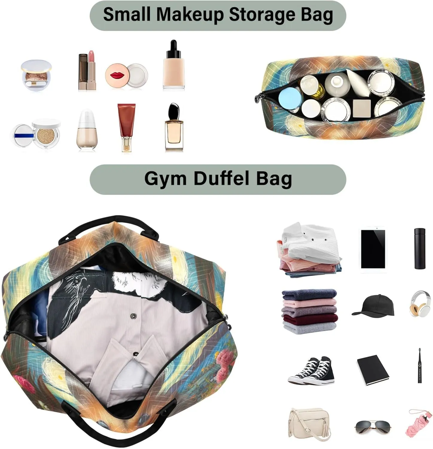 Hamster Flower Starry Night Duffle Bags Travel Toiletry Pouches Set of 2, Print Gym Bag Small Carry on Bags for Airplanes