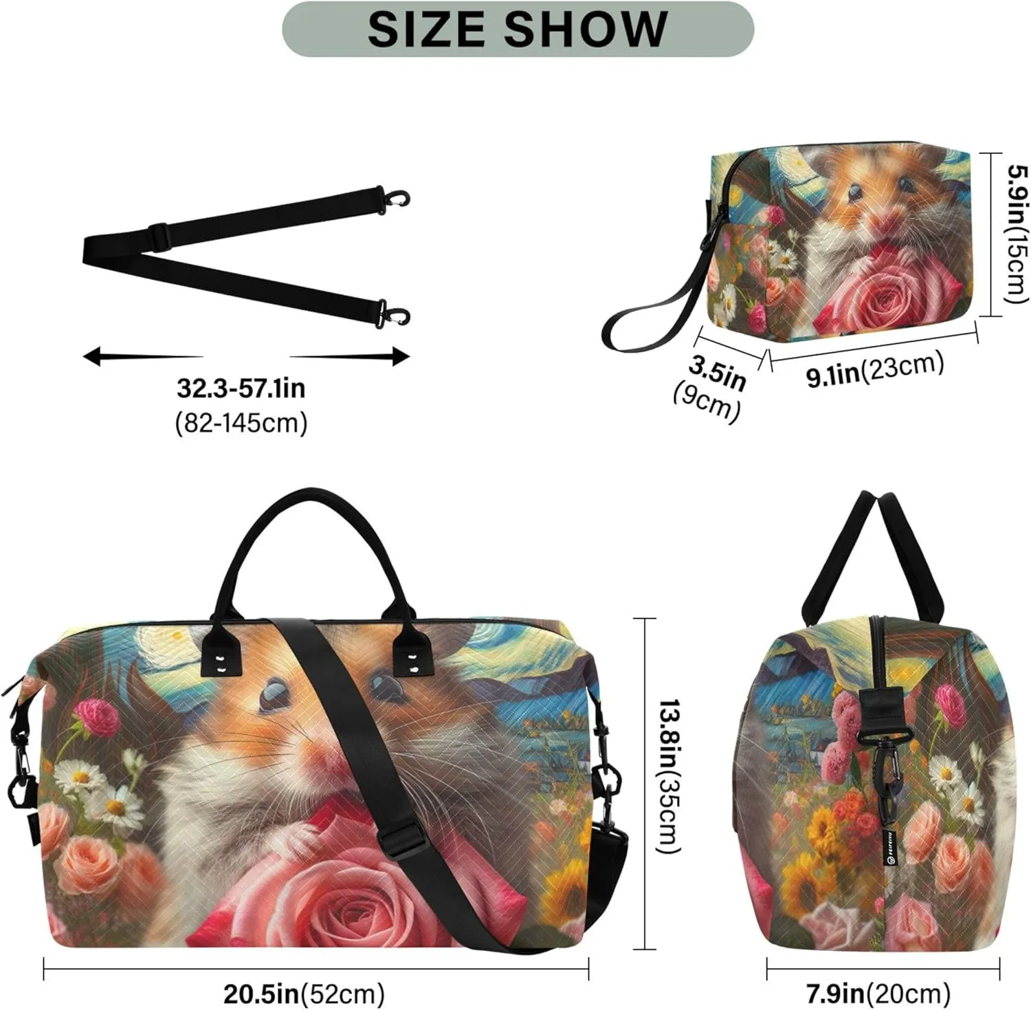 Hamster Flower Starry Night Duffle Bags Travel Toiletry Pouches Set of 2, Print Gym Bag Small Carry on Bags for Airplanes