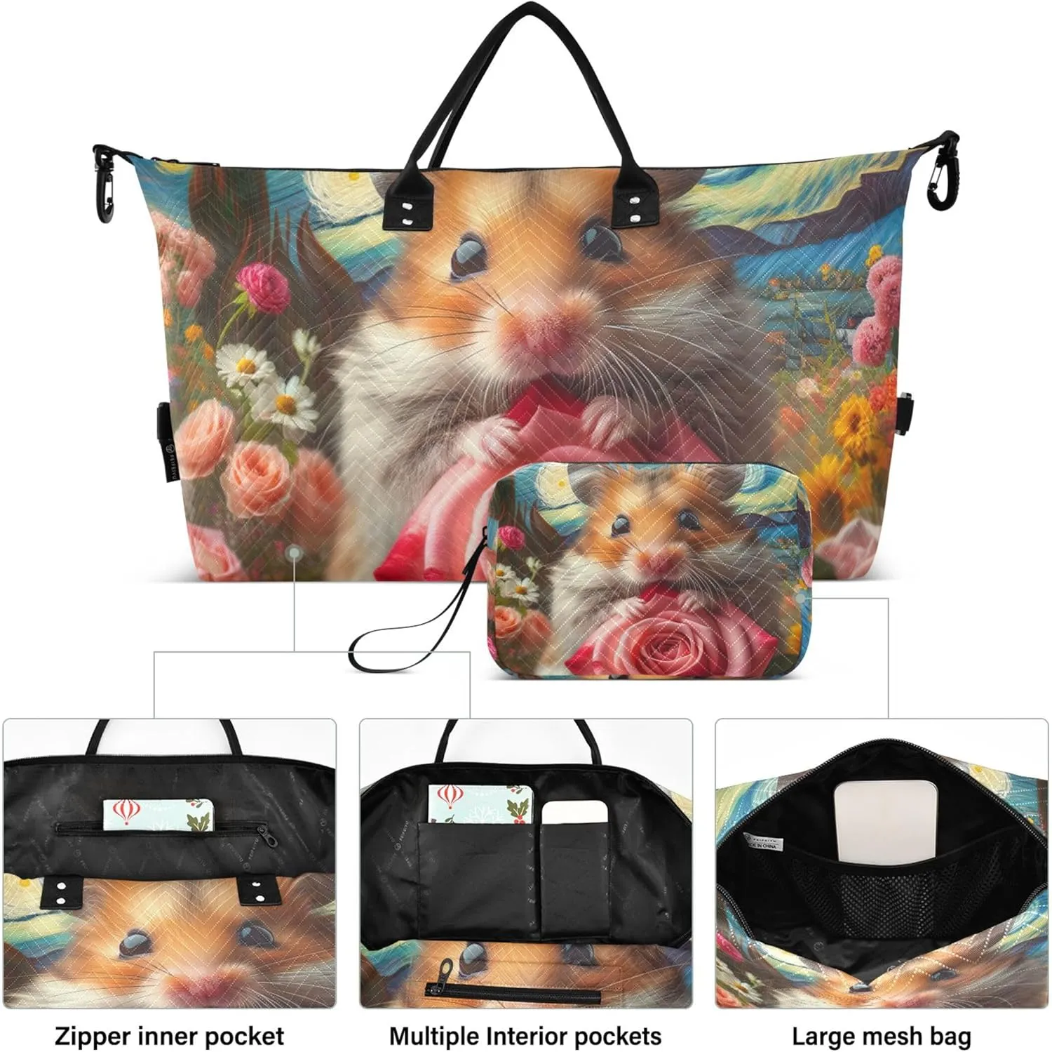 Hamster Flower Starry Night Duffle Bags Travel Toiletry Pouches Set of 2, Print Gym Bag Small Carry on Bags for Airplanes