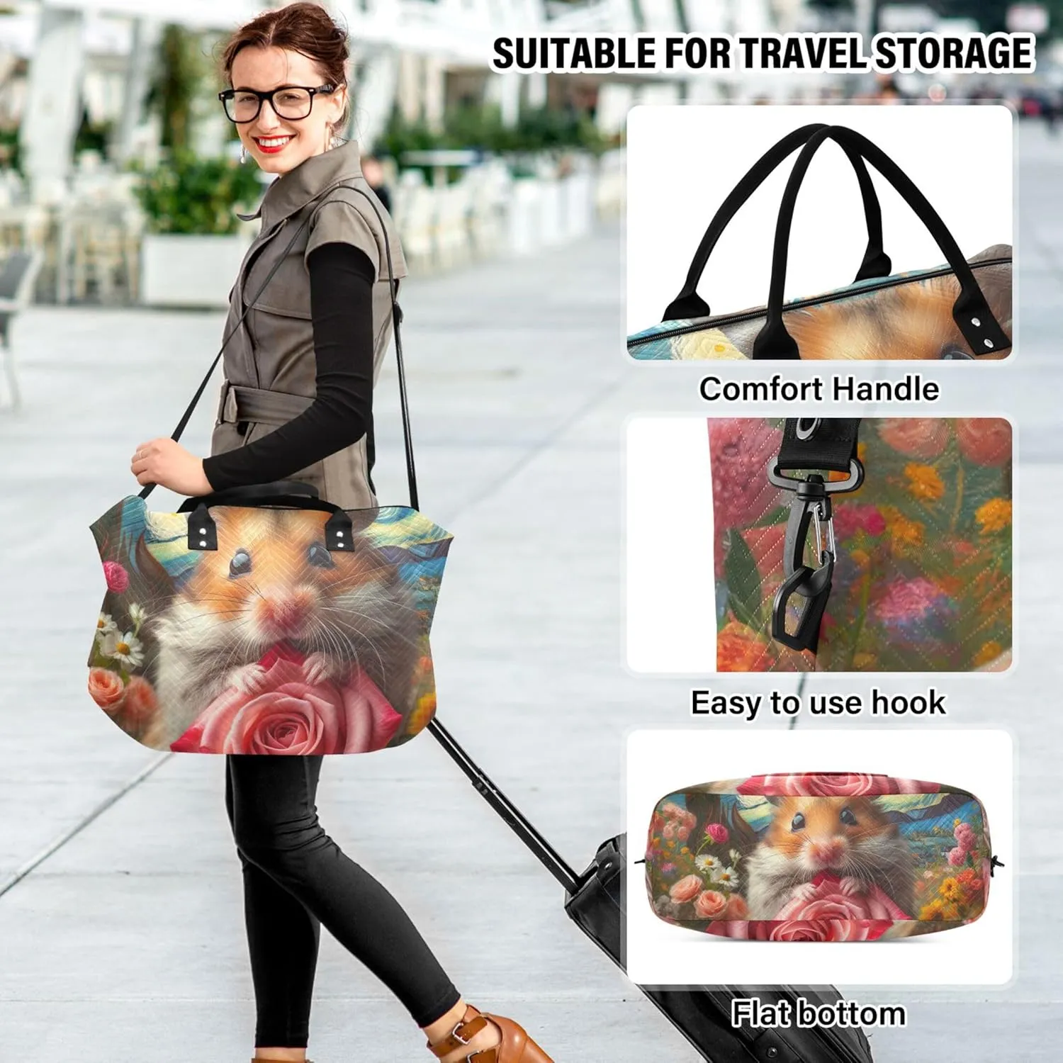 Hamster Flower Starry Night Duffle Bags Travel Toiletry Pouches Set of 2, Print Gym Bag Small Carry on Bags for Airplanes