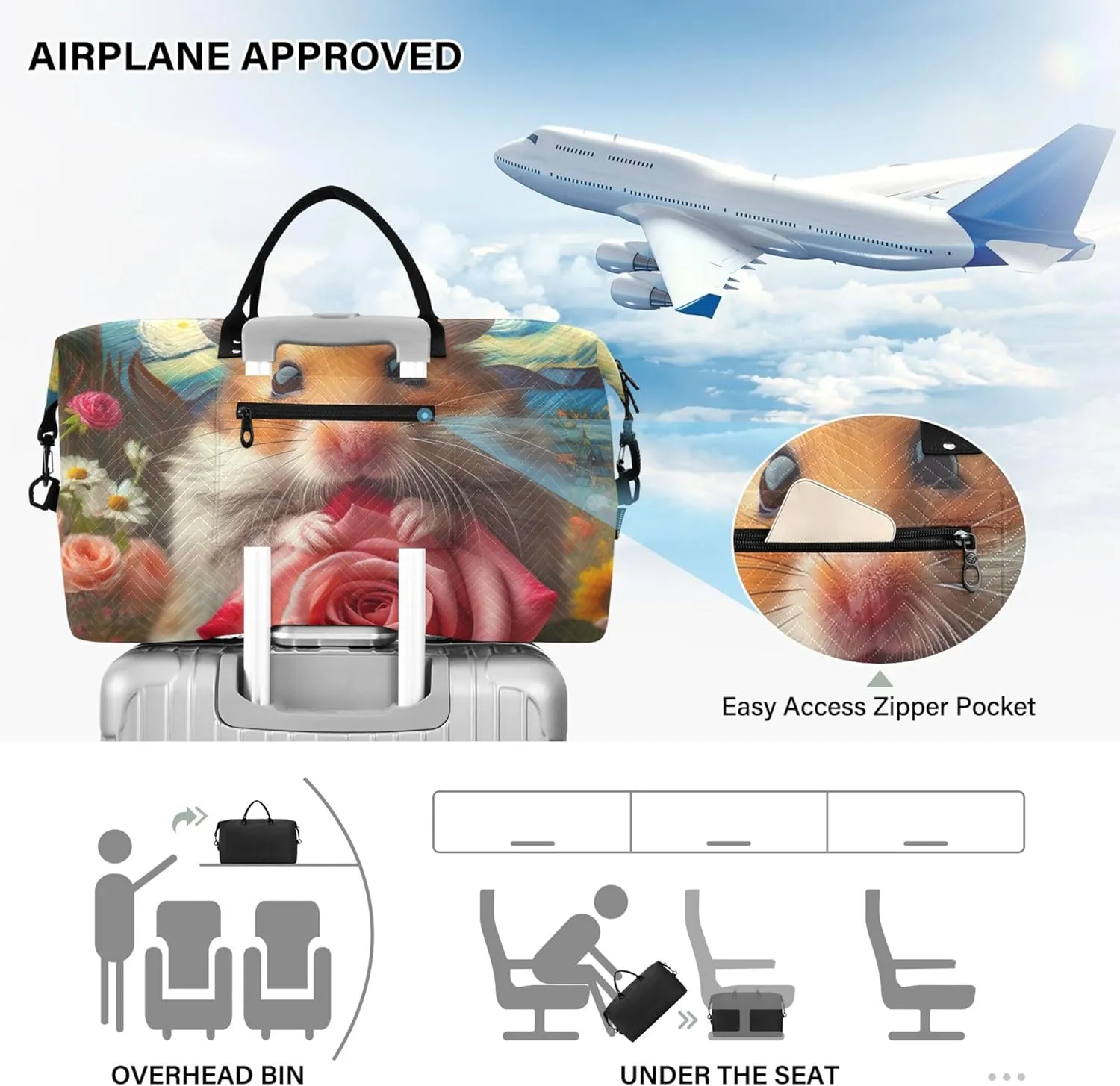 Hamster Flower Starry Night Duffle Bags Travel Toiletry Pouches Set of 2, Print Gym Bag Small Carry on Bags for Airplanes