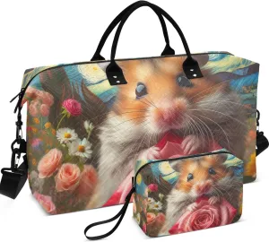 Hamster Flower Starry Night Duffle Bags Travel Toiletry Pouches Set of 2, Print Gym Bag Small Carry on Bags for Airplanes