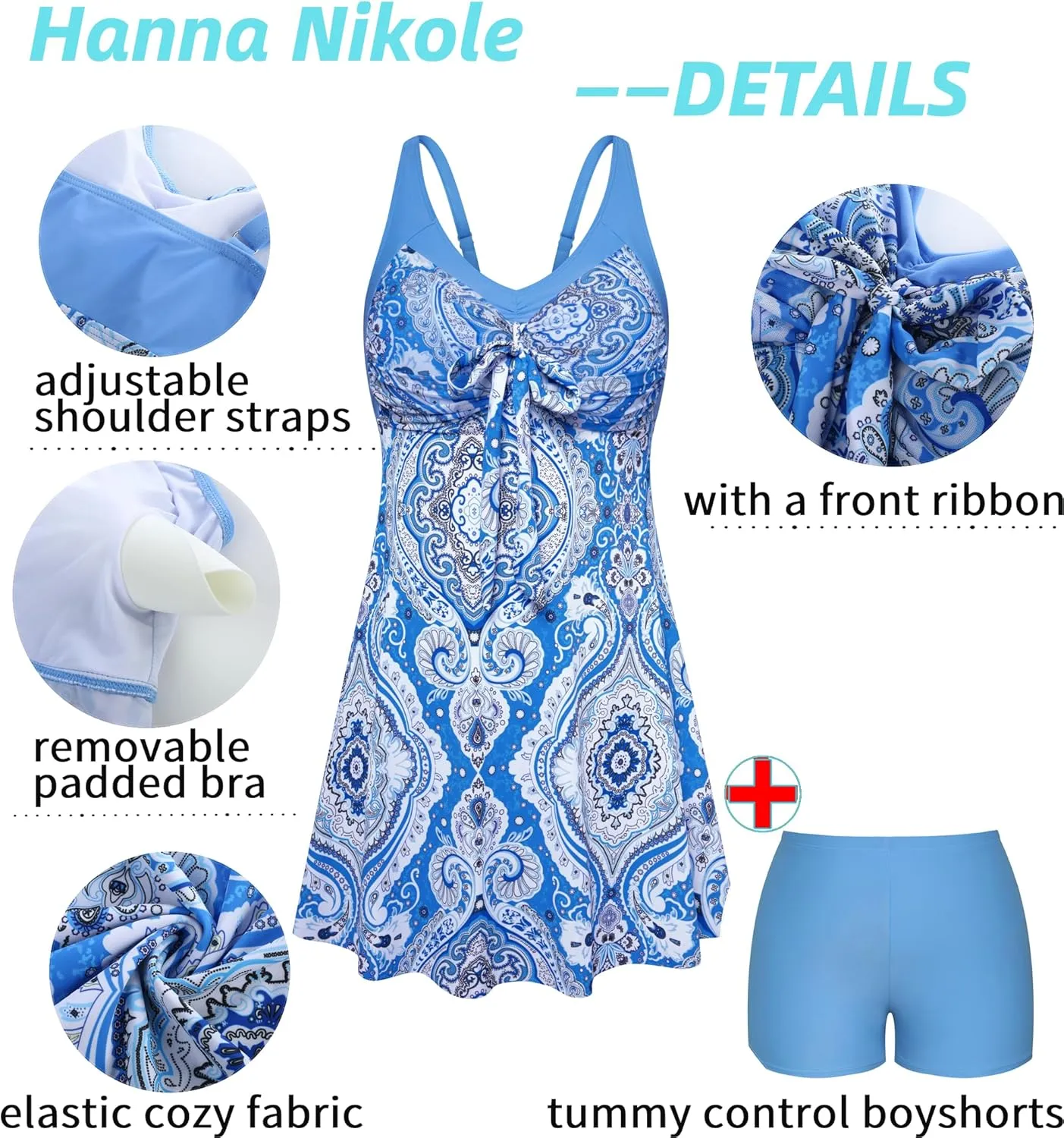 Hanna Nikole Women's Two Piece Swim Dress Plus Size Tummy Control Floral Printed Swimwear Swimsuits with Boyshort