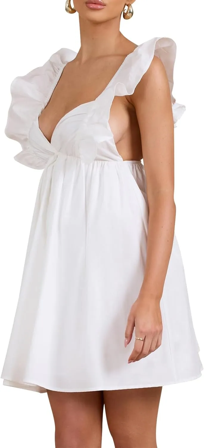hibshaby Womens Sexy Deep V Neck Ruffle Sleeve Mini Dress Backless Lace Up Summer Dresses