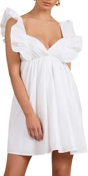 hibshaby Womens Sexy Deep V Neck Ruffle Sleeve Mini Dress Backless Lace Up Summer Dresses