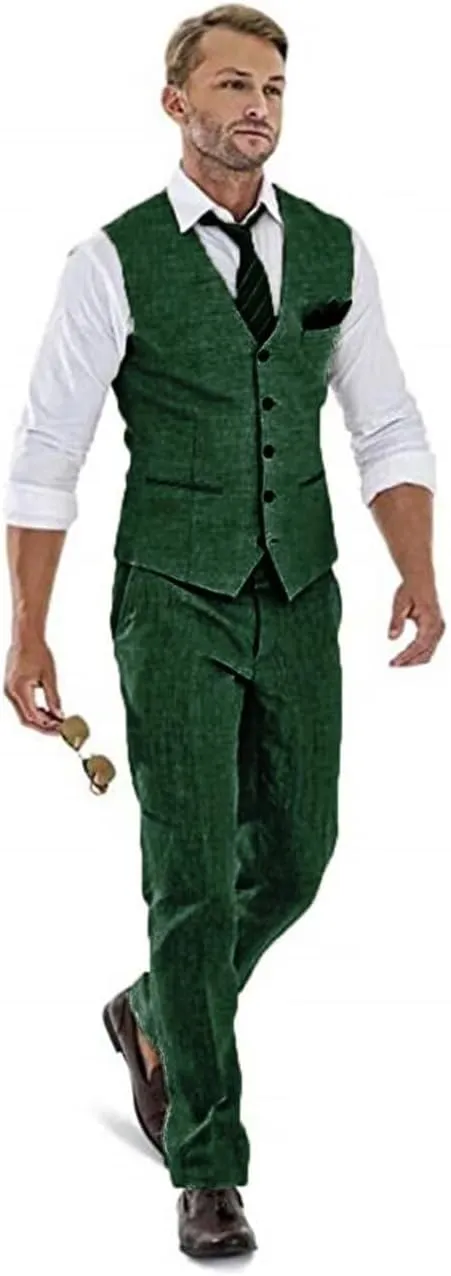High-End Suits Casual Linen Beige Men's 2 Piece Suits Wedding Suits Slim Fit Groomsmen Tuxedos Summer Linen Vest Pant