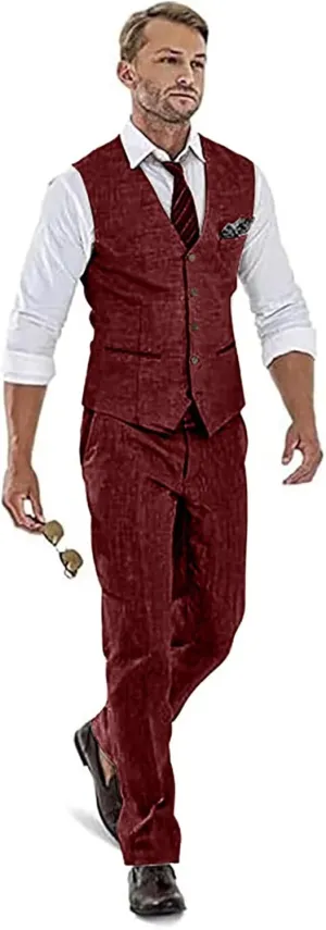 High-End Suits Casual Linen Beige Men's 2 Piece Suits Wedding Suits Slim Fit Groomsmen Tuxedos Summer Linen Vest Pant