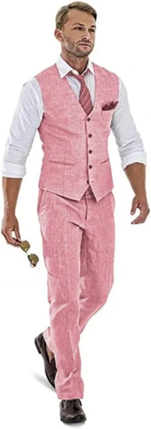 High-End Suits Casual Linen Beige Men's 2 Piece Suits Wedding Suits Slim Fit Groomsmen Tuxedos Summer Linen Vest Pant