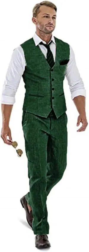 High-End Suits Casual Linen Beige Men's 2 Piece Suits Wedding Suits Slim Fit Groomsmen Tuxedos Summer Linen Vest Pant