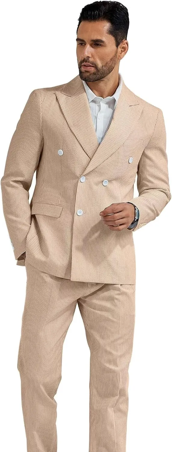 High-End Suits Men's Striped Seersucker Suits 2 Piece Slim Fit Wedding Double Breasted Tuxedo Summer Beach Suits Sets