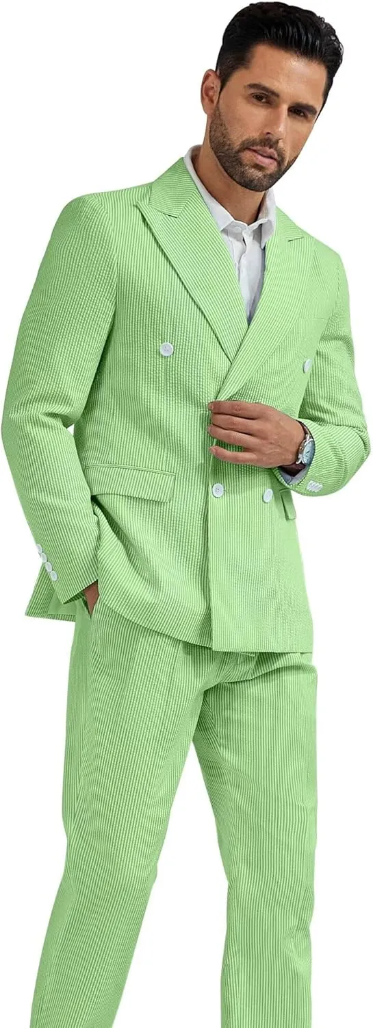 High-End Suits Men's Striped Seersucker Suits 2 Piece Slim Fit Wedding Double Breasted Tuxedo Summer Beach Suits Sets