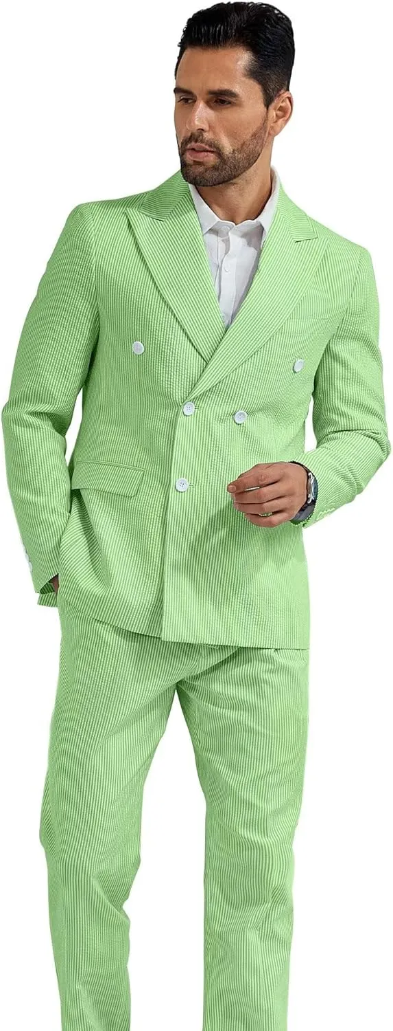 High-End Suits Men's Striped Seersucker Suits 2 Piece Slim Fit Wedding Double Breasted Tuxedo Summer Beach Suits Sets
