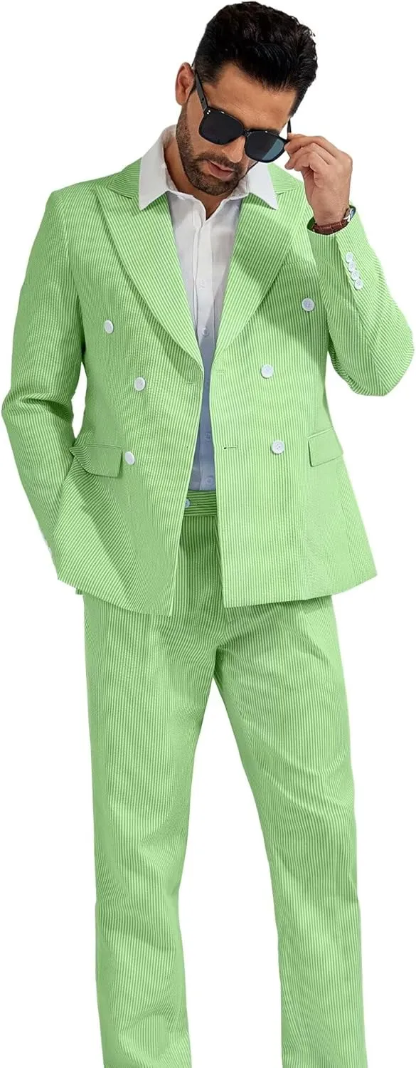 High-End Suits Men's Striped Seersucker Suits 2 Piece Slim Fit Wedding Double Breasted Tuxedo Summer Beach Suits Sets