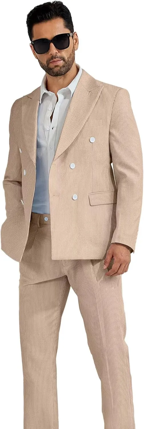High-End Suits Men's Striped Seersucker Suits 2 Piece Slim Fit Wedding Double Breasted Tuxedo Summer Beach Suits Sets