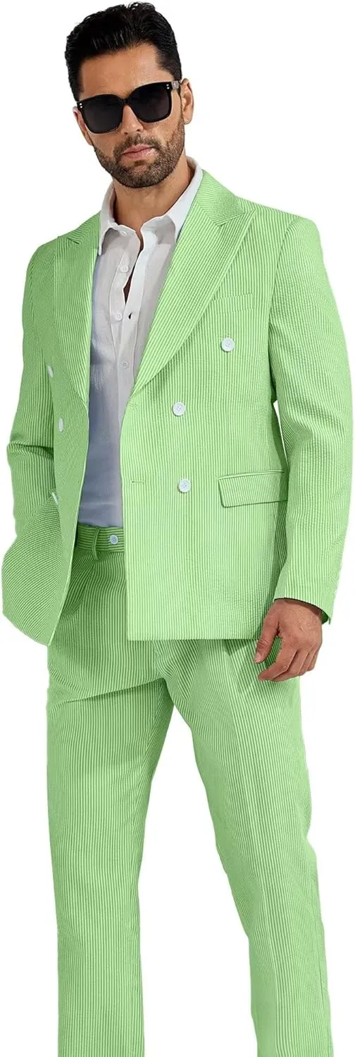 High-End Suits Men's Striped Seersucker Suits 2 Piece Slim Fit Wedding Double Breasted Tuxedo Summer Beach Suits Sets
