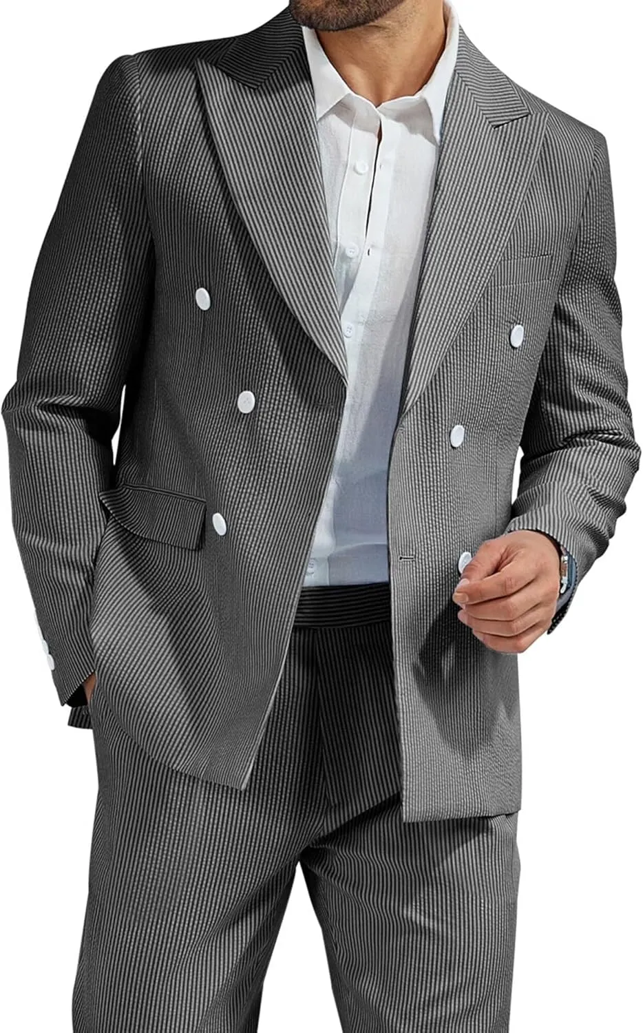 High-End Suits Men's Striped Seersucker Suits 2 Piece Slim Fit Wedding Double Breasted Tuxedo Summer Beach Suits Sets