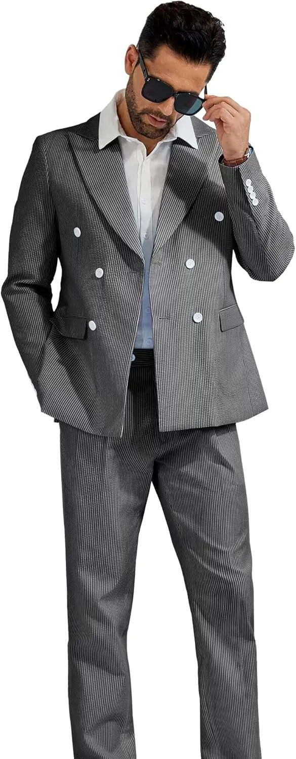 High-End Suits Men's Striped Seersucker Suits 2 Piece Slim Fit Wedding Double Breasted Tuxedo Summer Beach Suits Sets