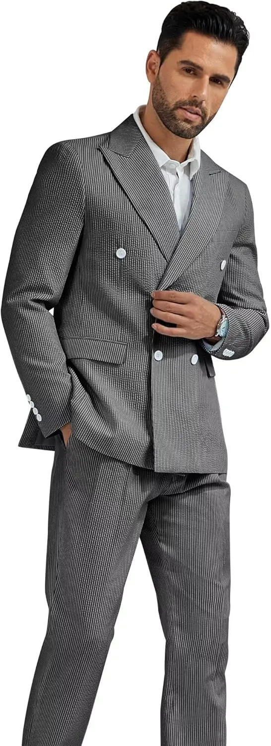 High-End Suits Men's Striped Seersucker Suits 2 Piece Slim Fit Wedding Double Breasted Tuxedo Summer Beach Suits Sets