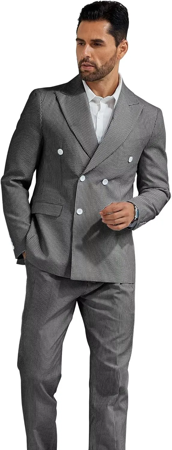 High-End Suits Men's Striped Seersucker Suits 2 Piece Slim Fit Wedding Double Breasted Tuxedo Summer Beach Suits Sets
