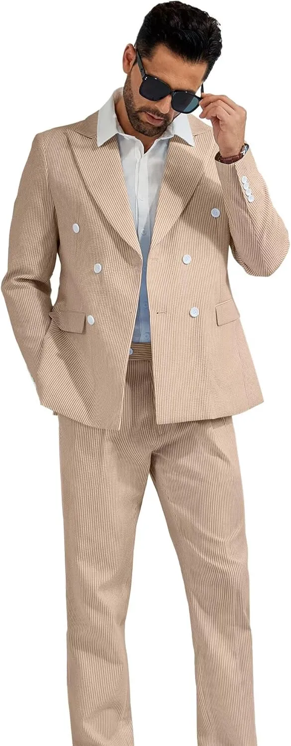 High-End Suits Men's Striped Seersucker Suits 2 Piece Slim Fit Wedding Double Breasted Tuxedo Summer Beach Suits Sets