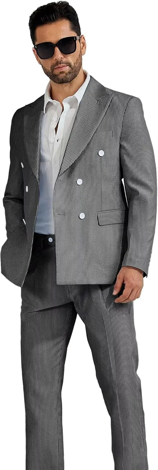 High-End Suits Men's Striped Seersucker Suits 2 Piece Slim Fit Wedding Double Breasted Tuxedo Summer Beach Suits Sets