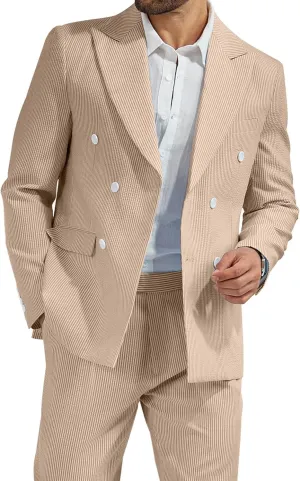 High-End Suits Men's Striped Seersucker Suits 2 Piece Slim Fit Wedding Double Breasted Tuxedo Summer Beach Suits Sets