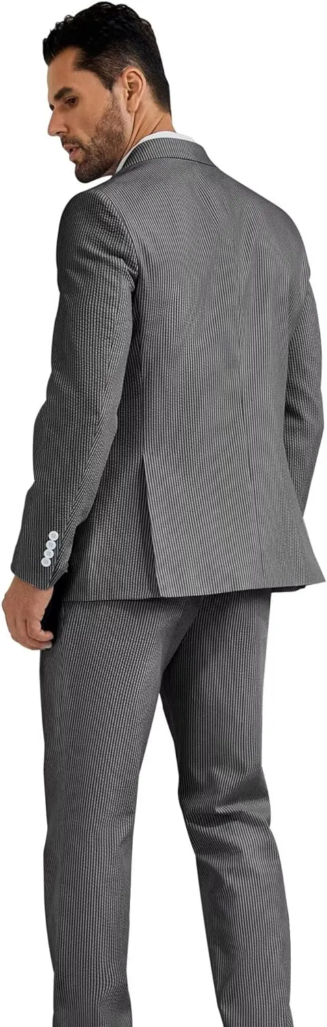 High-End Suits Men's Striped Seersucker Suits 2 Piece Slim Fit Wedding Double Breasted Tuxedo Summer Beach Suits Sets