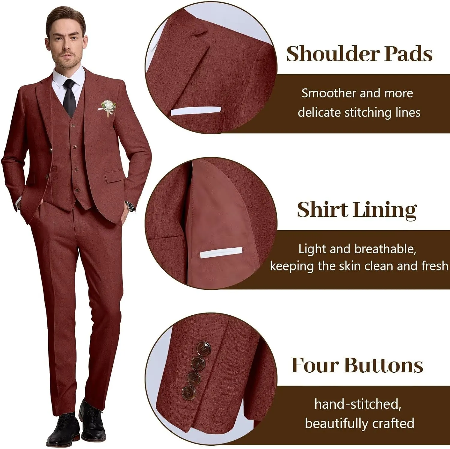 High-End Suits Retro Linen Suit for Men Casual Wedding Suit for Men Slim Fit 3 Pieces Jacket Blazer Vest Pant Groom Tuxedo