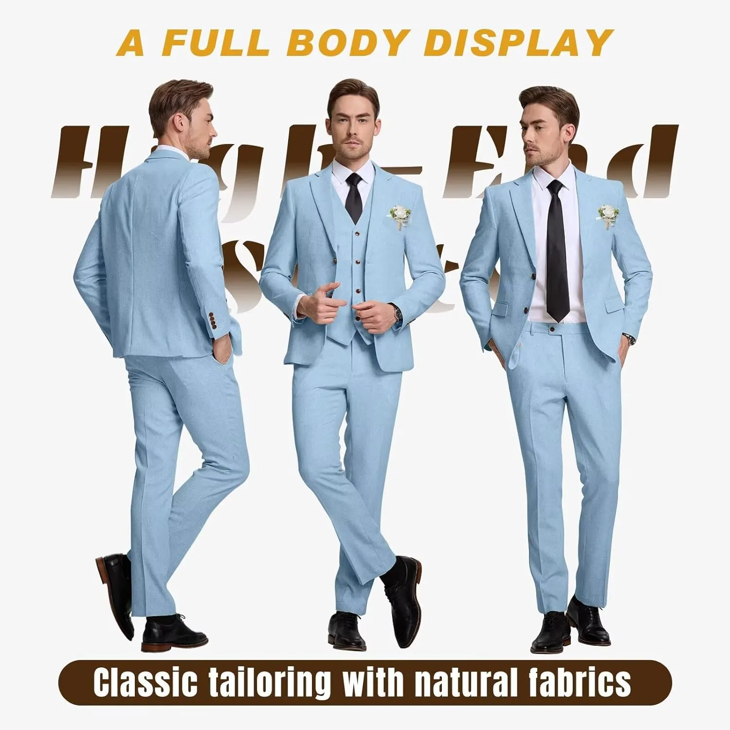 High-End Suits Retro Linen Suit for Men Casual Wedding Suit for Men Slim Fit 3 Pieces Jacket Blazer Vest Pant Groom Tuxedo