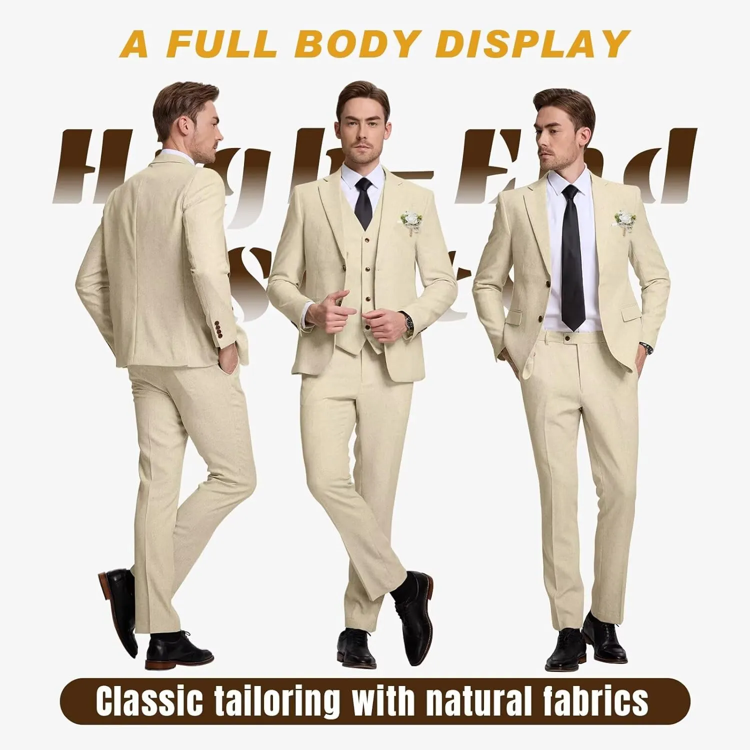 High-End Suits Retro Linen Suit for Men Casual Wedding Suit for Men Slim Fit 3 Pieces Jacket Blazer Vest Pant Groom Tuxedo