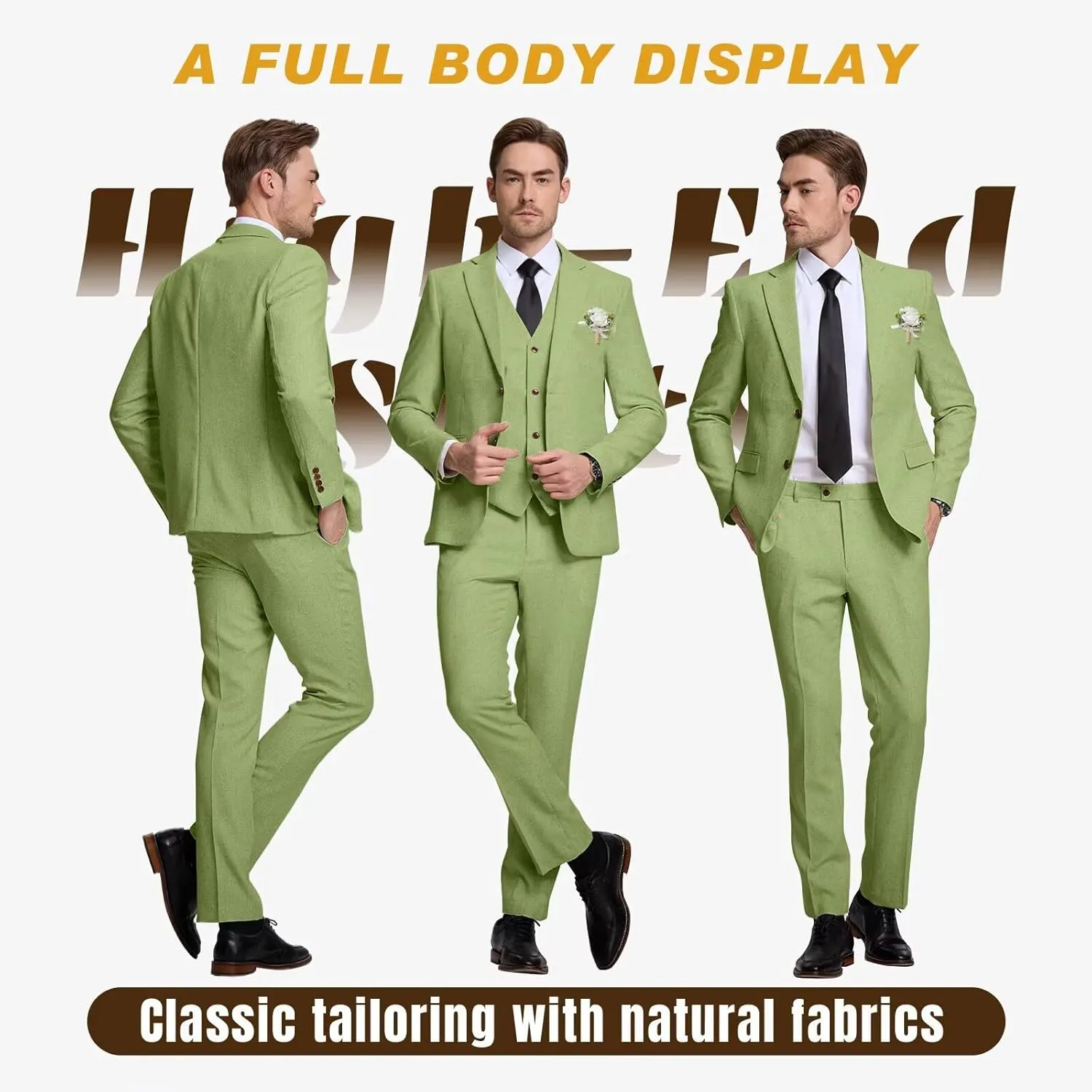 High-End Suits Retro Linen Suit for Men Casual Wedding Suit for Men Slim Fit 3 Pieces Jacket Blazer Vest Pant Groom Tuxedo