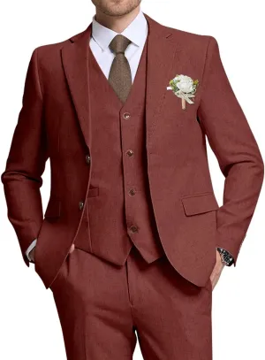 High-End Suits Retro Linen Suit for Men Casual Wedding Suit for Men Slim Fit 3 Pieces Jacket Blazer Vest Pant Groom Tuxedo