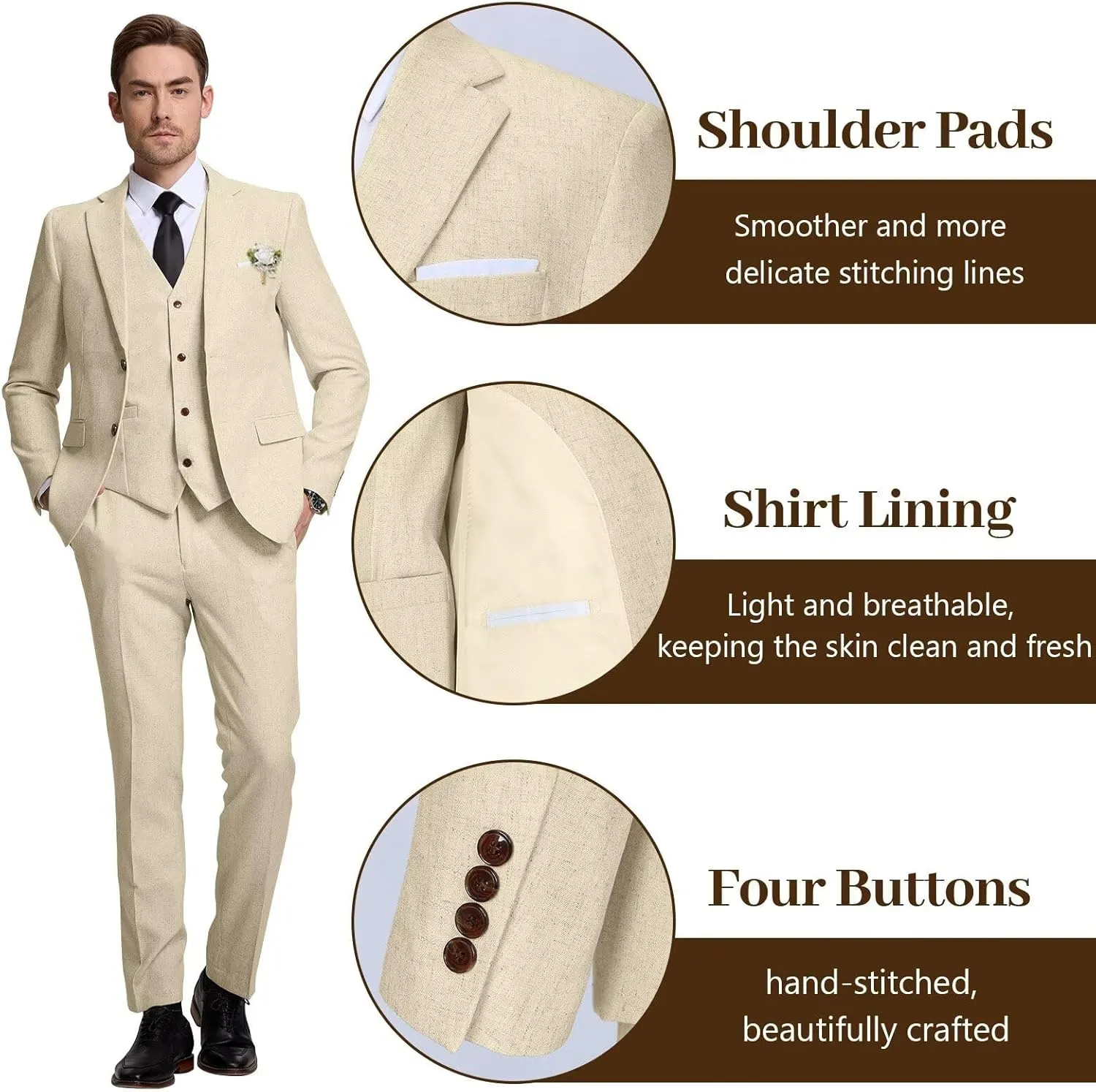 High-End Suits Retro Linen Suit for Men Casual Wedding Suit for Men Slim Fit 3 Pieces Jacket Blazer Vest Pant Groom Tuxedo