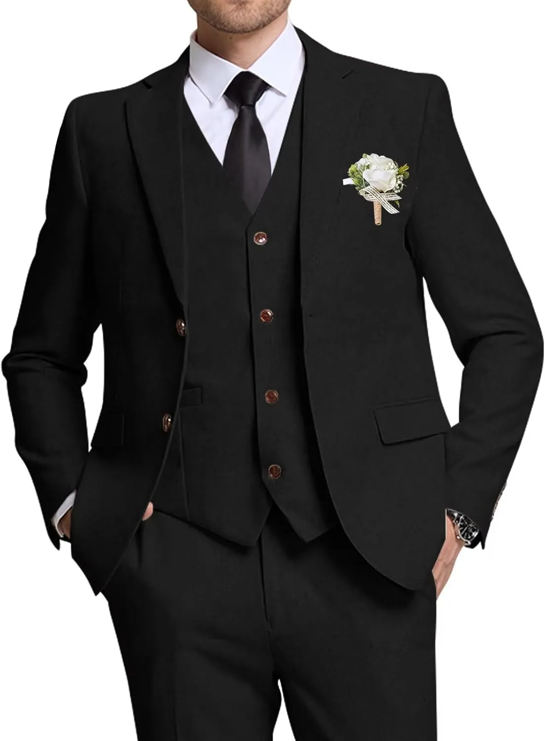 High-End Suits Retro Linen Suit for Men Casual Wedding Suit for Men Slim Fit 3 Pieces Jacket Blazer Vest Pant Groom Tuxedo