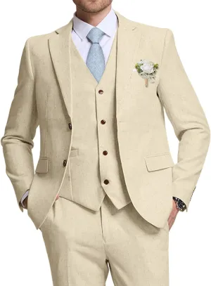 High-End Suits Retro Linen Suit for Men Casual Wedding Suit for Men Slim Fit 3 Pieces Jacket Blazer Vest Pant Groom Tuxedo