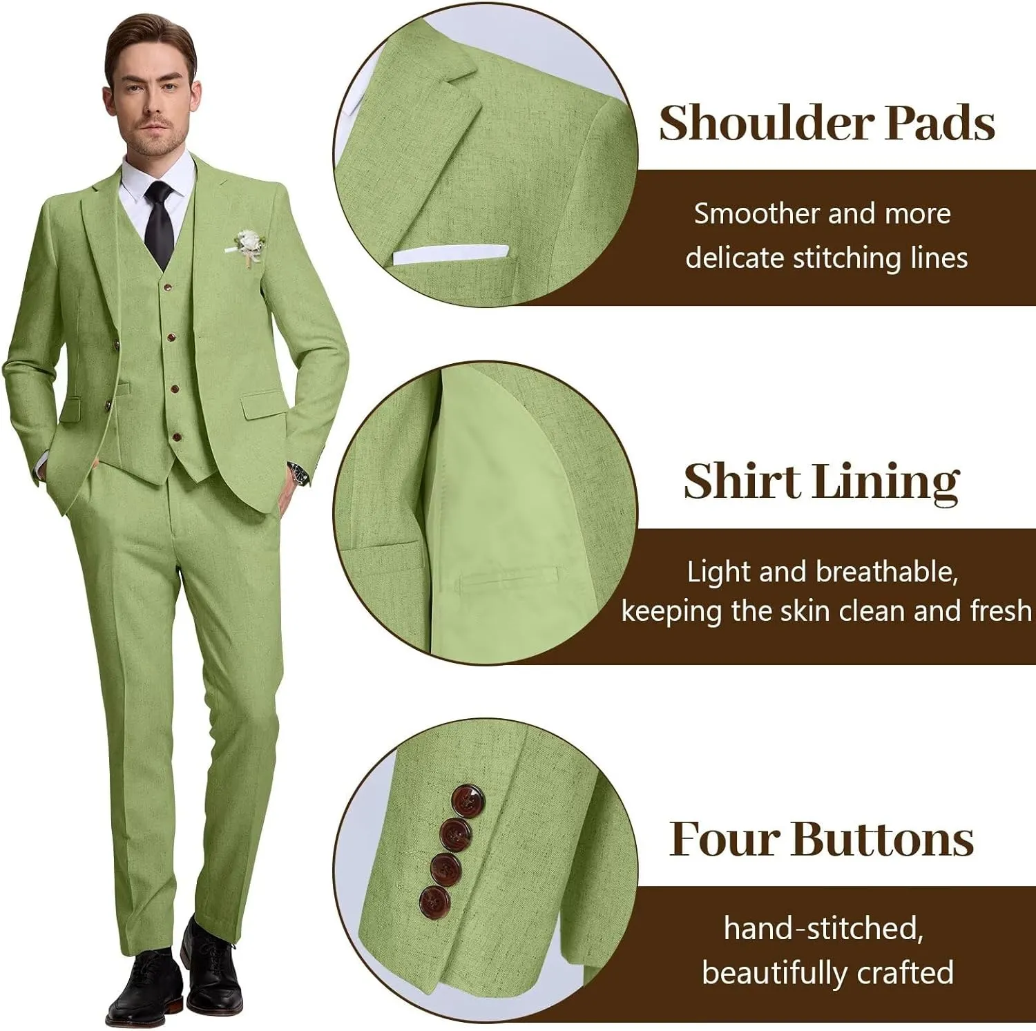 High-End Suits Retro Linen Suit for Men Casual Wedding Suit for Men Slim Fit 3 Pieces Jacket Blazer Vest Pant Groom Tuxedo