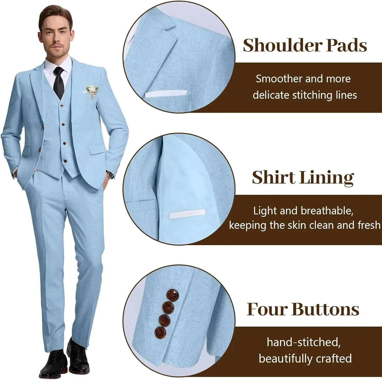 High-End Suits Retro Linen Suit for Men Casual Wedding Suit for Men Slim Fit 3 Pieces Jacket Blazer Vest Pant Groom Tuxedo
