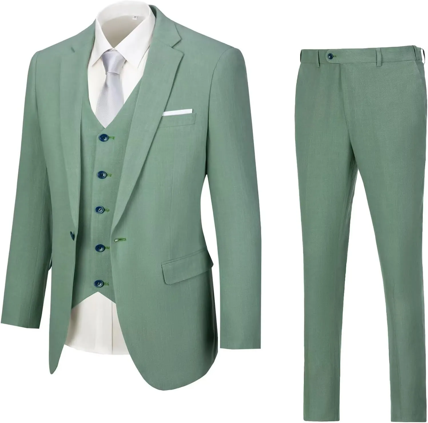 High-End Suits Retro Men Suits Linen 3 Pieces Suit for Men Summer Thin Suits Light Green Blazer Vest Pants M