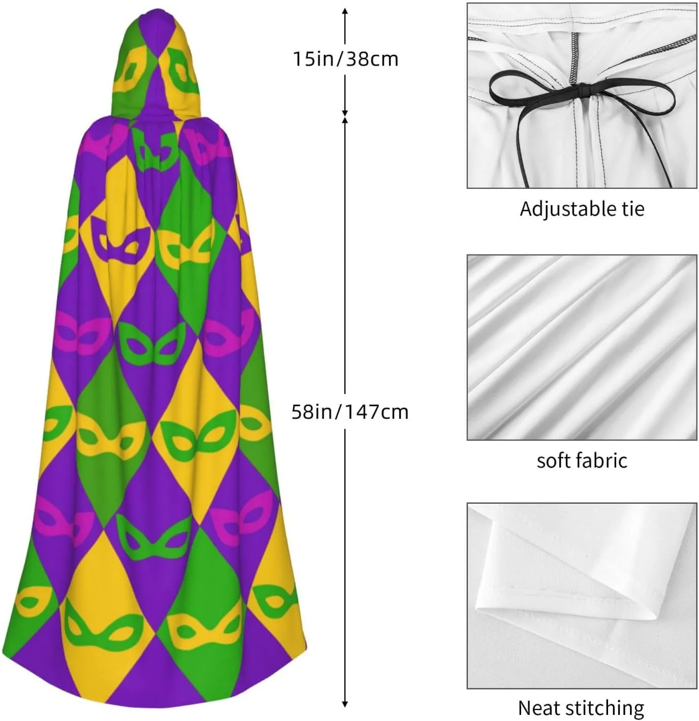 Hooded Cloak Unisex Cloak with Hood Mardi Gras Cloak Witch Cape Cosplay Costume