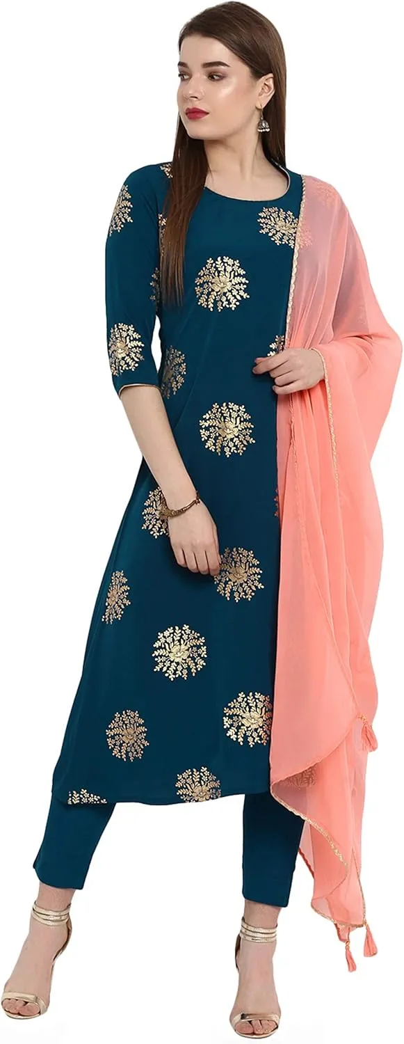 Janasya Indian Women's Teal Embellished Kurta Kurti Top Tunic Festive Wedding Party wear Kurta Set with Dupatta for Women