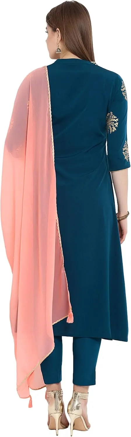 Janasya Indian Women's Teal Embellished Kurta Kurti Top Tunic Festive Wedding Party wear Kurta Set with Dupatta for Women