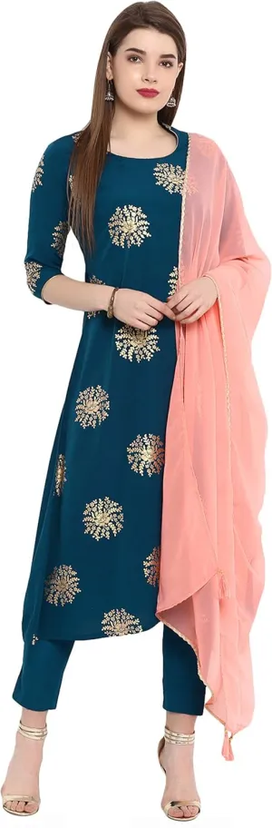Janasya Indian Women's Teal Embellished Kurta Kurti Top Tunic Festive Wedding Party wear Kurta Set with Dupatta for Women