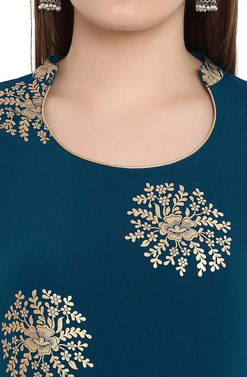 Janasya Indian Women's Teal Embellished Kurta Kurti Top Tunic Festive Wedding Party wear Kurta Set with Dupatta for Women